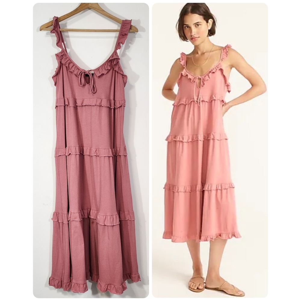 J.Crew Tiered Knit‎ Keyhole Maxi Dress Rose Pink XS ruffle feminine 100%cotton